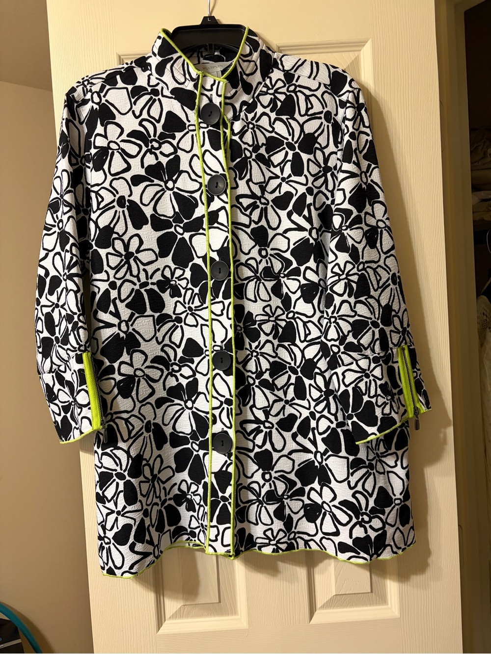 Multiples Black and White Graphic Knit Top with Lime Trim.